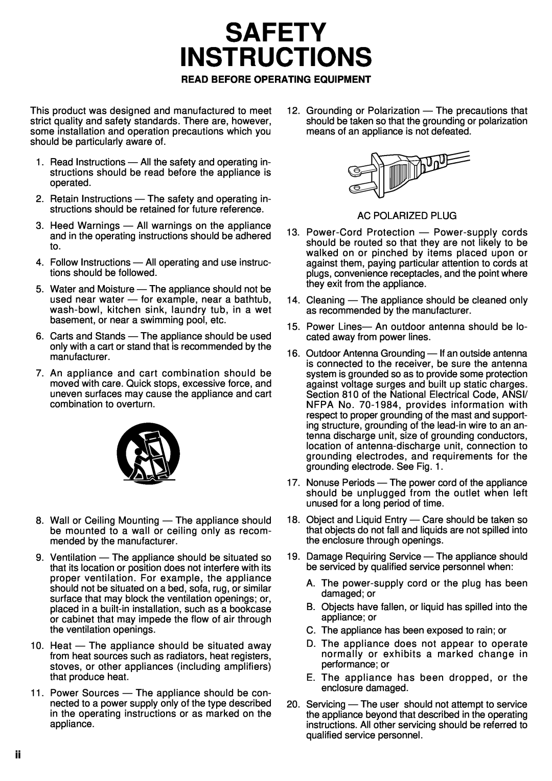 Marantz CD110 manual Safety Instructions, Read Before Operating Equipment 