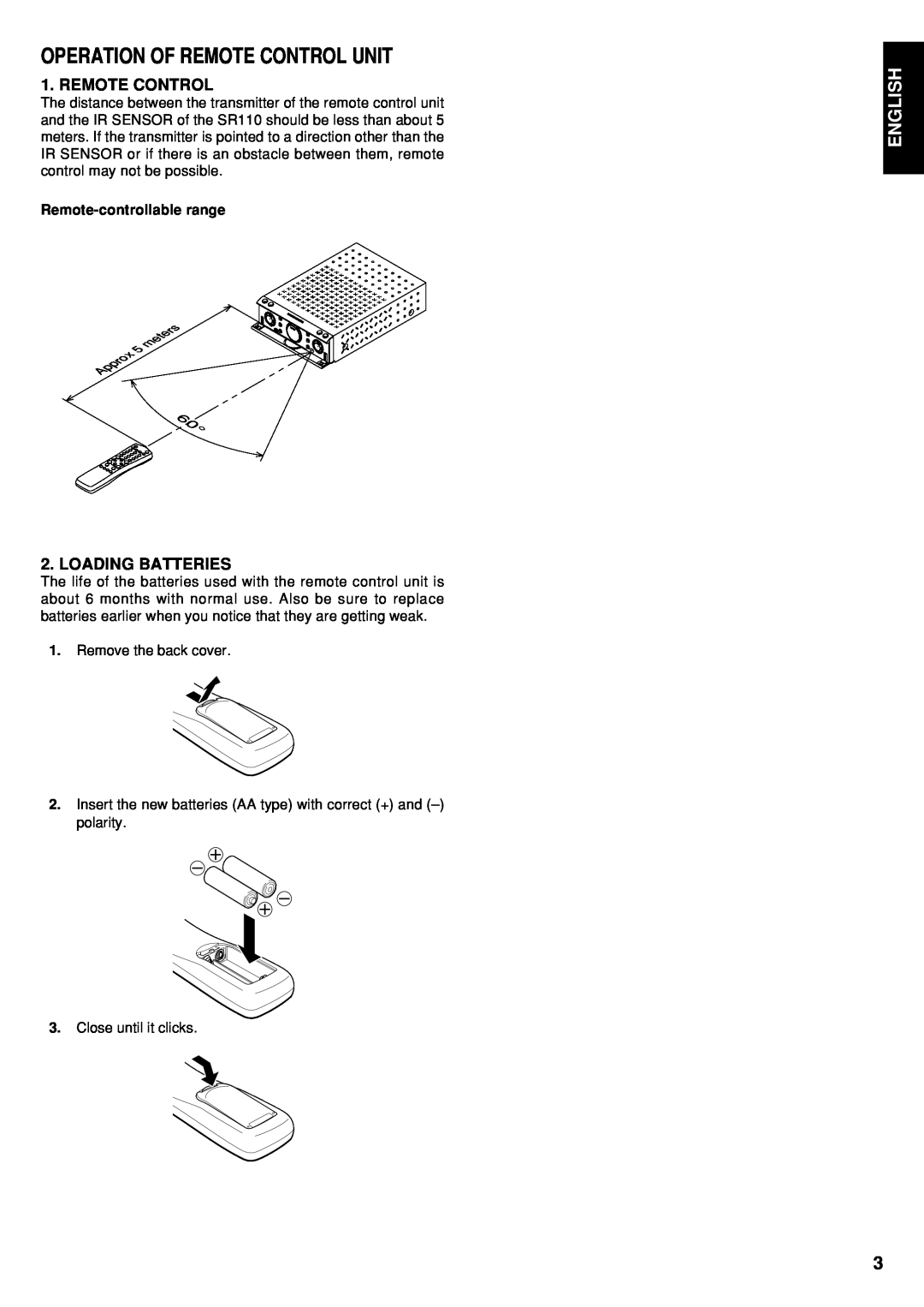 Marantz CD110 manual English, Remote Control, Loading Batteries, Remote-controllablerange, Remove the back cover 