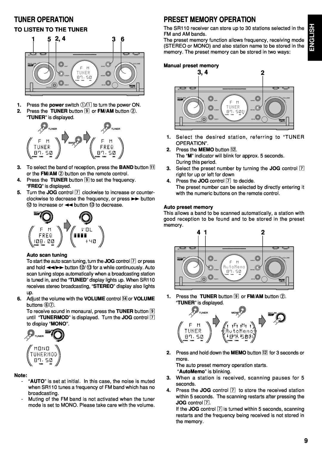 Marantz CD110 manual Tuner Operation, Preset Memory Operation, English 