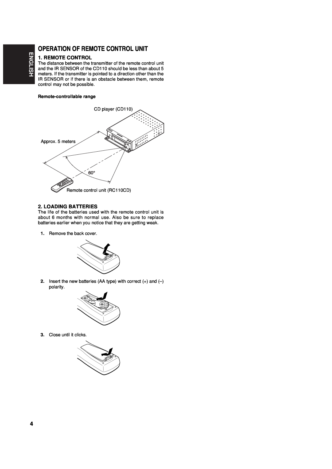 Marantz CD110 manual Operation Of Remote Control Unit, English, Loading Batteries, Remote-controllablerange 