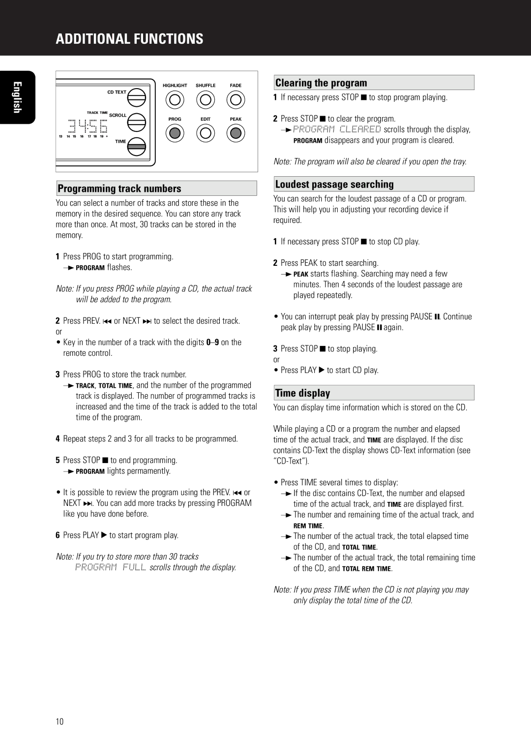 Marantz CD5000 manual Clearing the program, Programming track numbers, Loudest passage searching, Time display 