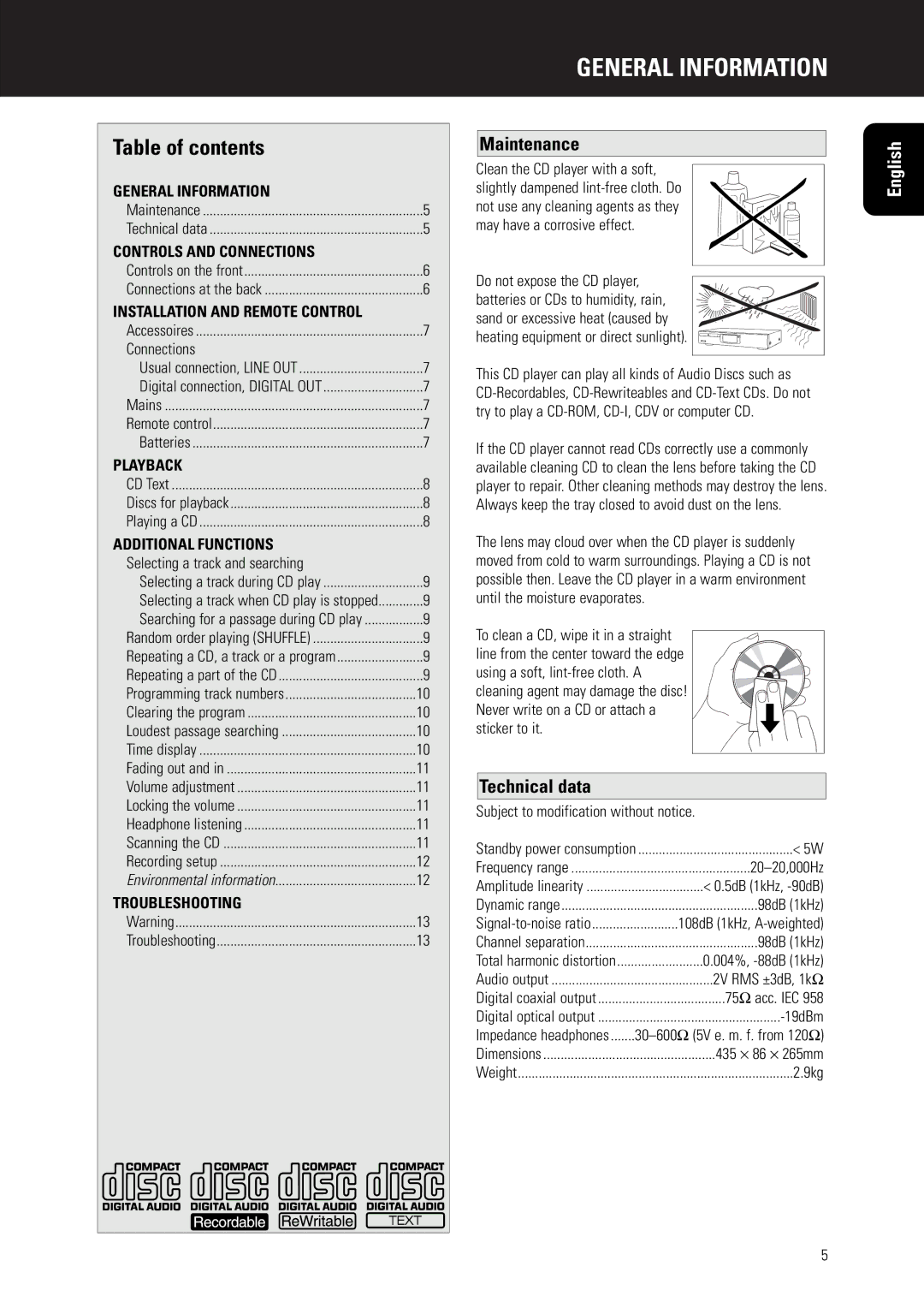 Marantz CD5000 manual General Information, Table of contents 