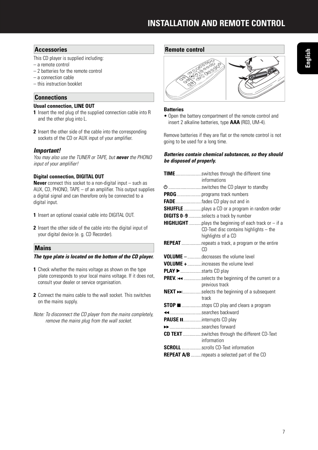 Marantz CD5000 manual Installation and Remote Control, Accessories, Connections, Mains, Remote control 