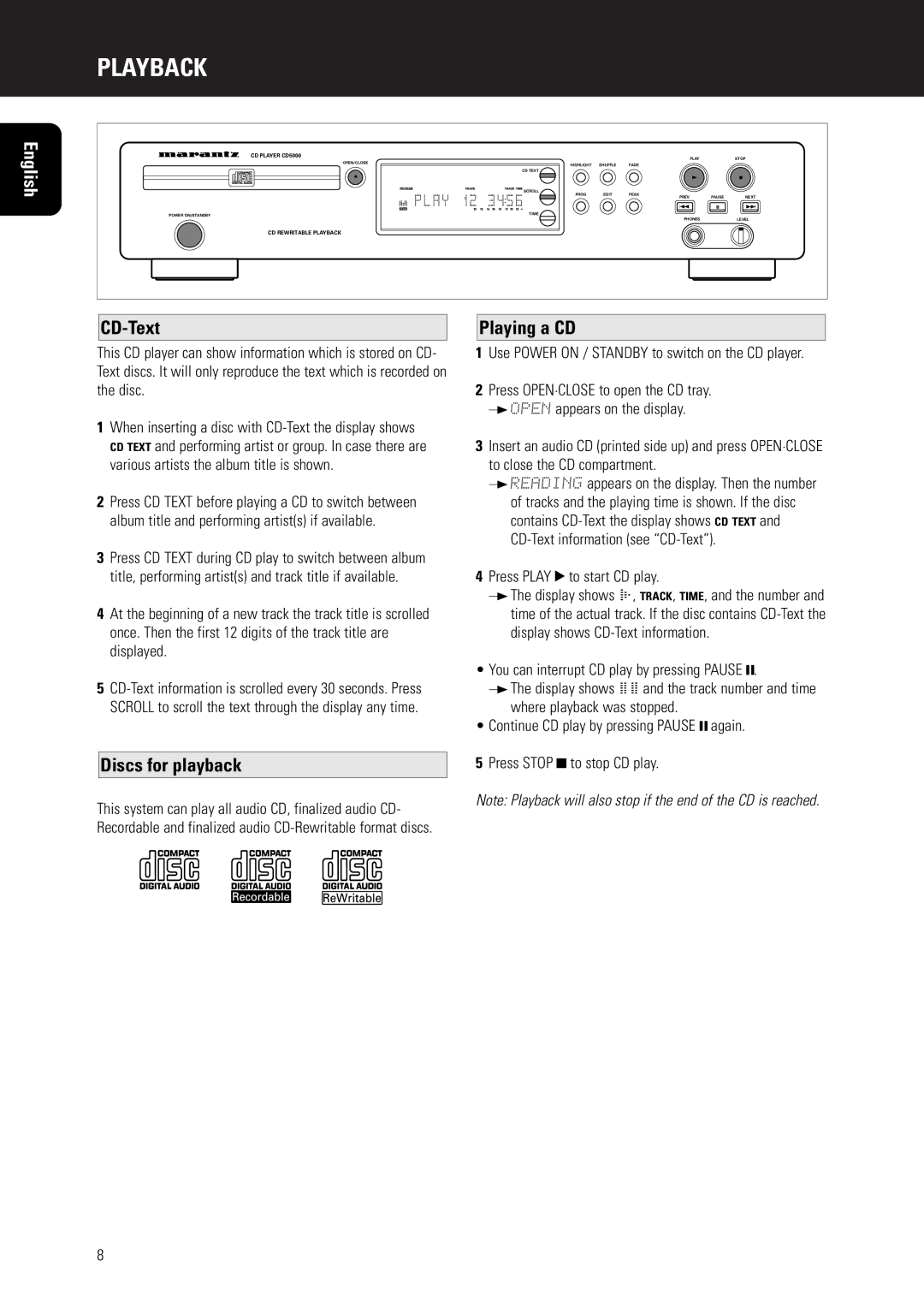 Marantz CD5000 manual Playback, CD-Text, Discs for playback, Playing a CD 