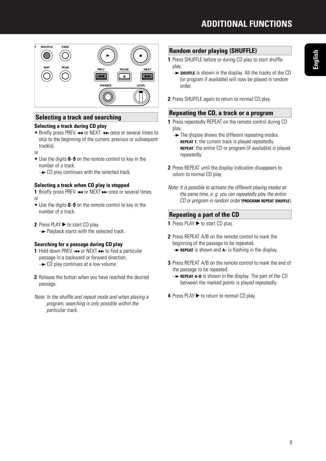 Marantz CD5000 manual Additional Functions, Random order playing Shuffle, Selecting a track and searching 