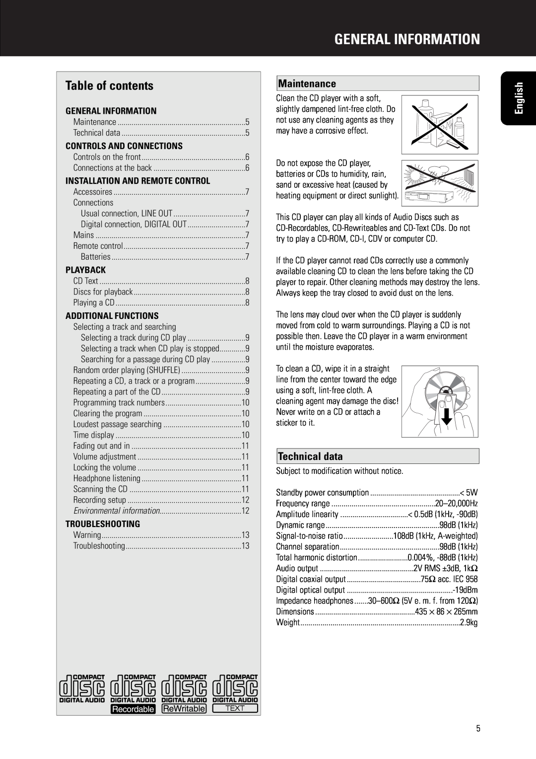 Marantz CD5000 manual General Information, Table of contents, Maintenance, Technical data, English 