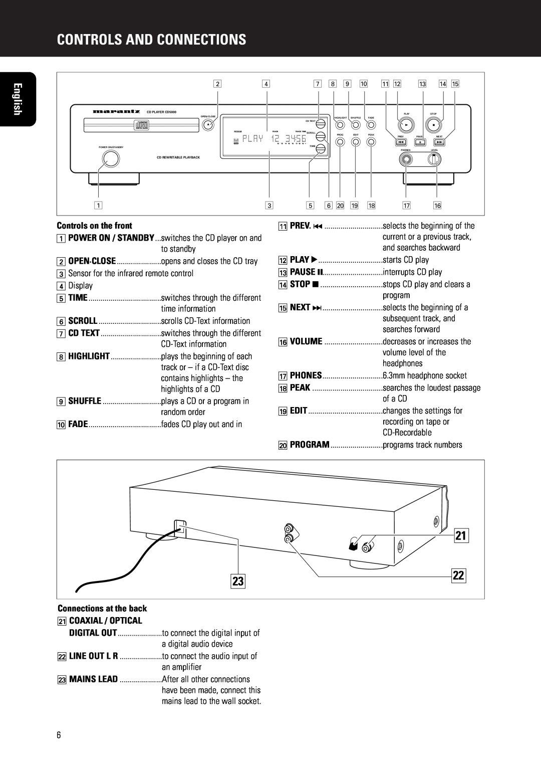 Marantz CD5000 manual Controls And Connections, English, Controls on the front, Connections at the back ¡COAXIAL / OPTICAL 