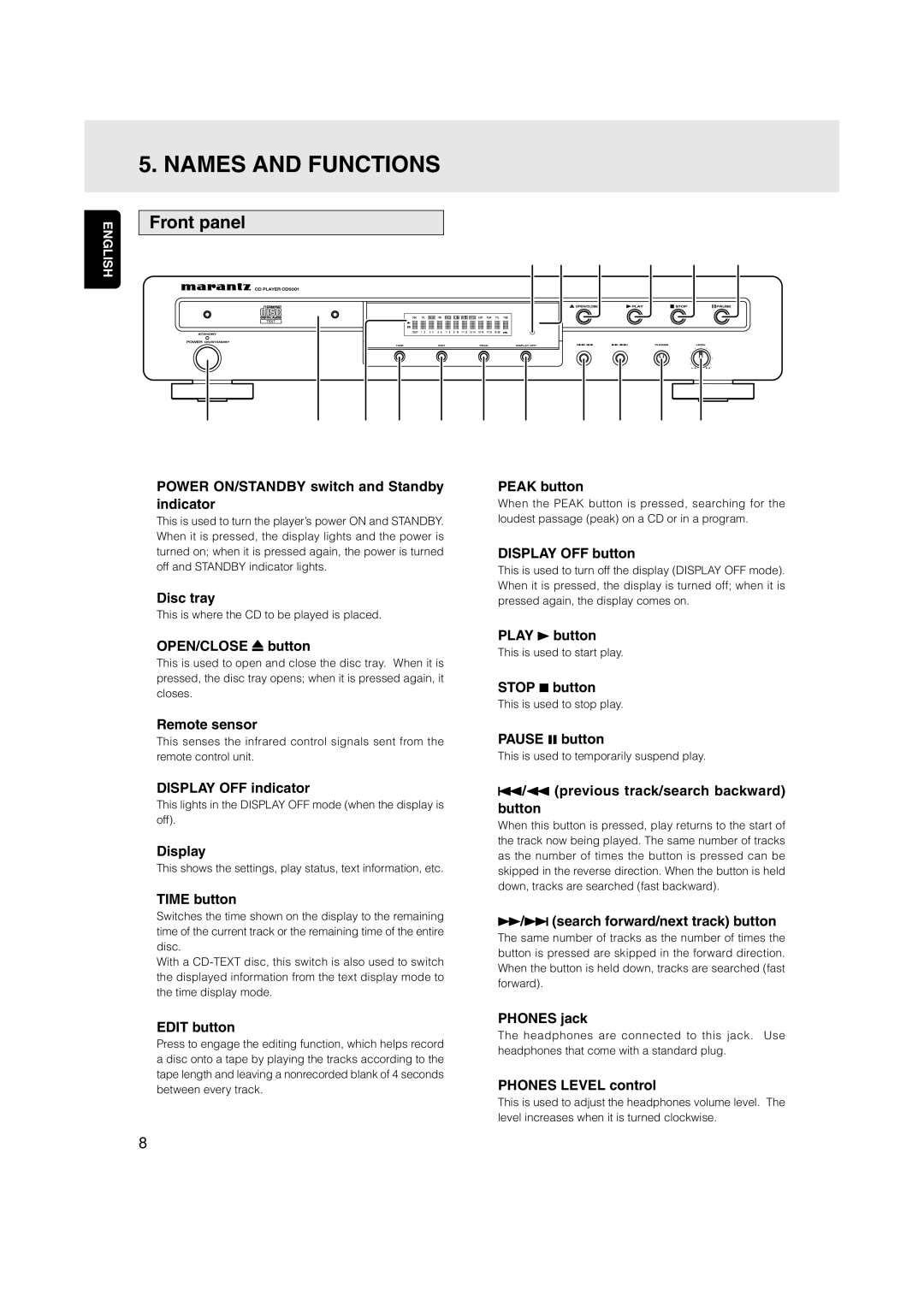 Marantz CD5001OSE manual Names and Functions, Front panel 