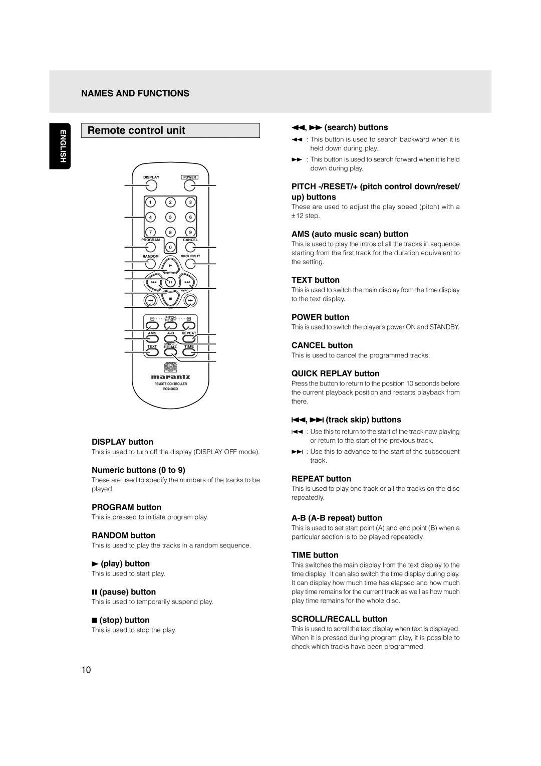 Marantz CD5001OSE manual Remote control unit, ¡ search buttons 