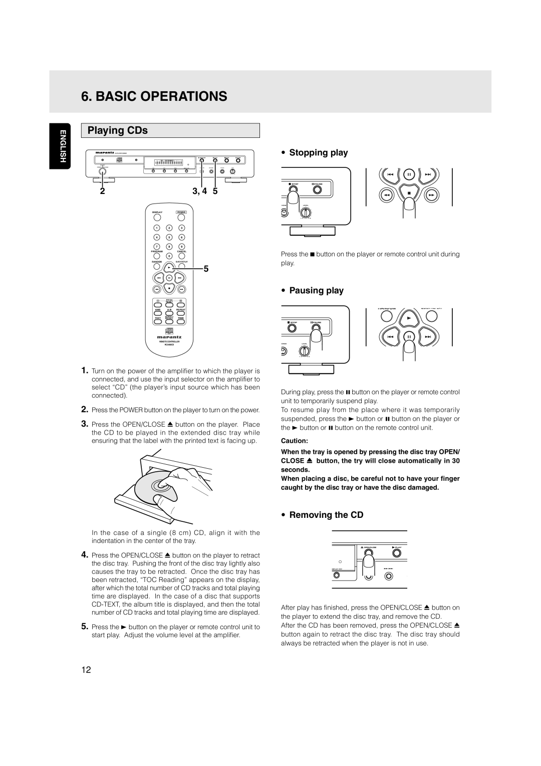 Marantz CD5001OSE manual Basic Operations, Playing CDs, Stopping play, Pausing play, Removing the CD 