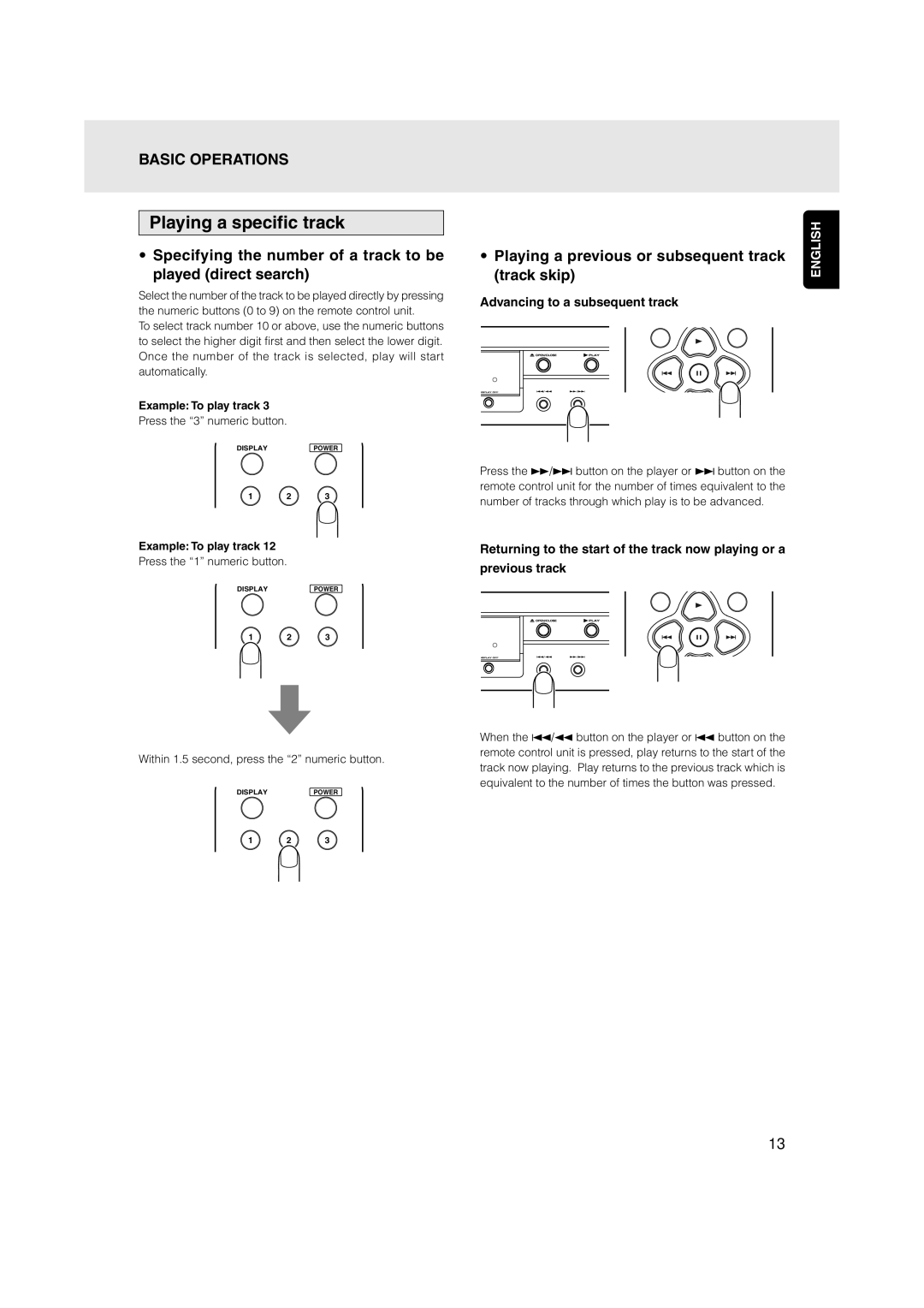 Marantz CD5001 manual Playing a specific track, Specifying the number of a track to be played direct search, Track skip 