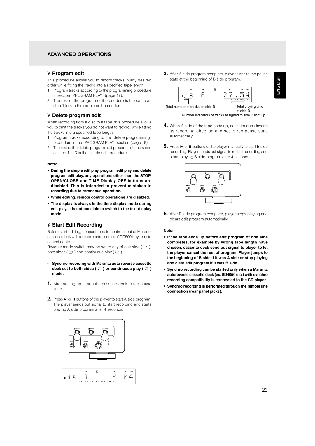 Marantz CD5001OSE manual Program edit, Delete program edit, Start Edit Recording 