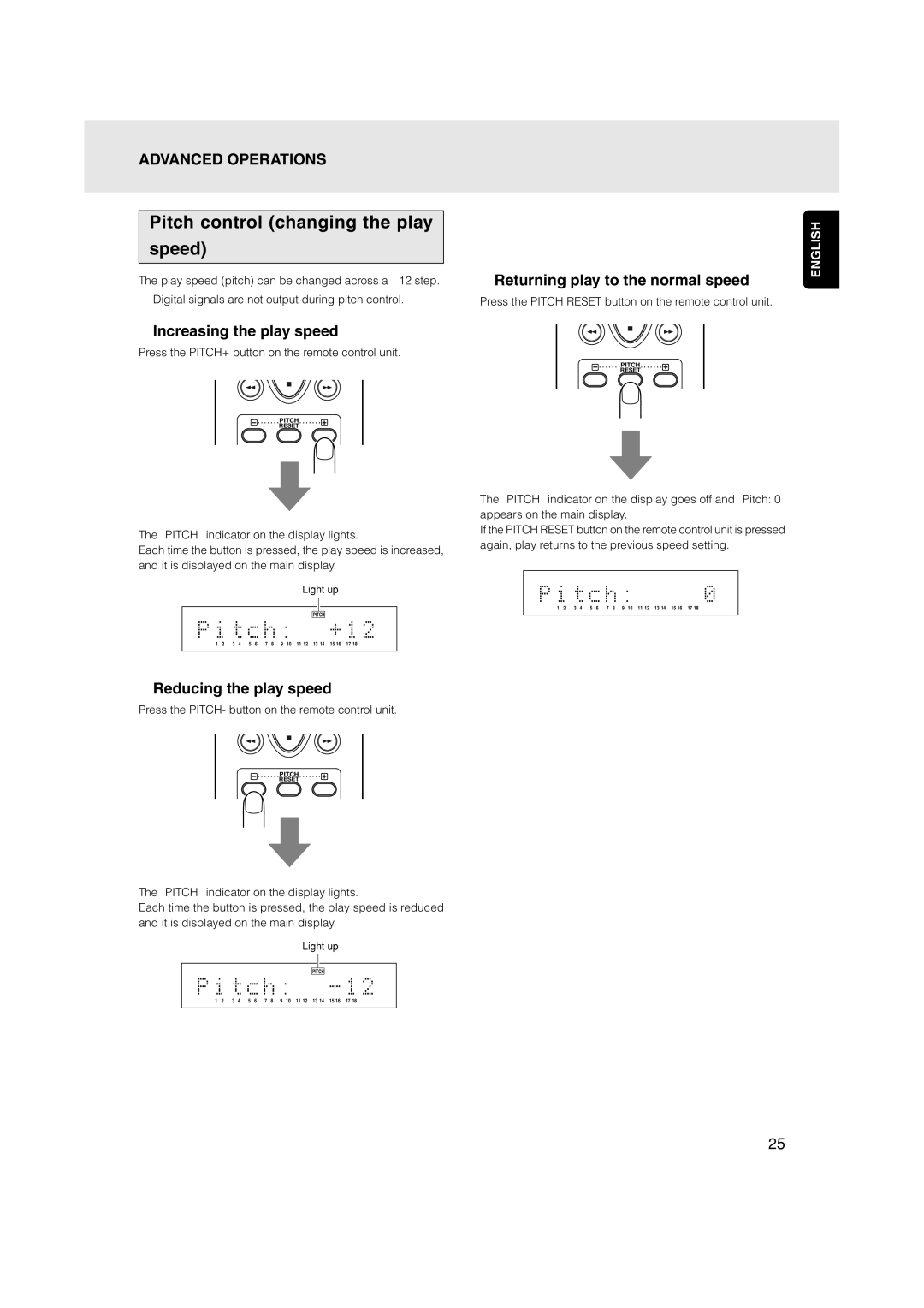 Marantz CD5001 manual Pitch control changing the play Speed, Increasing the play speed, Returning play to the normal speed 