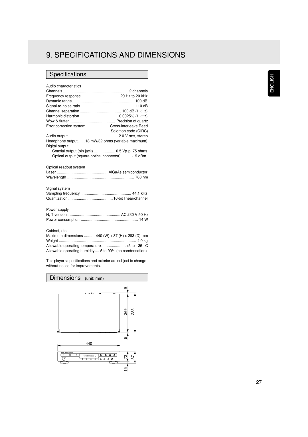 Marantz CD5001OSE manual Specifications and Dimensions, Dimensions unit mm 