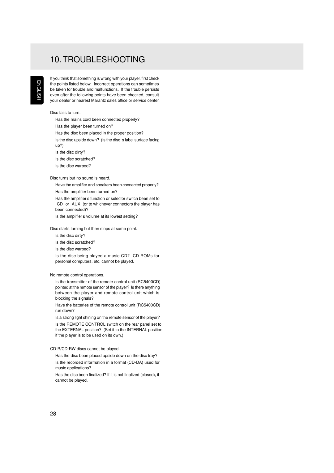 Marantz CD5001OSE manual Troubleshooting 