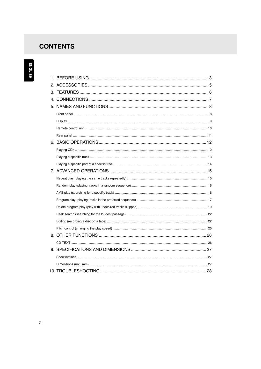 Marantz CD5001OSE manual Contents 