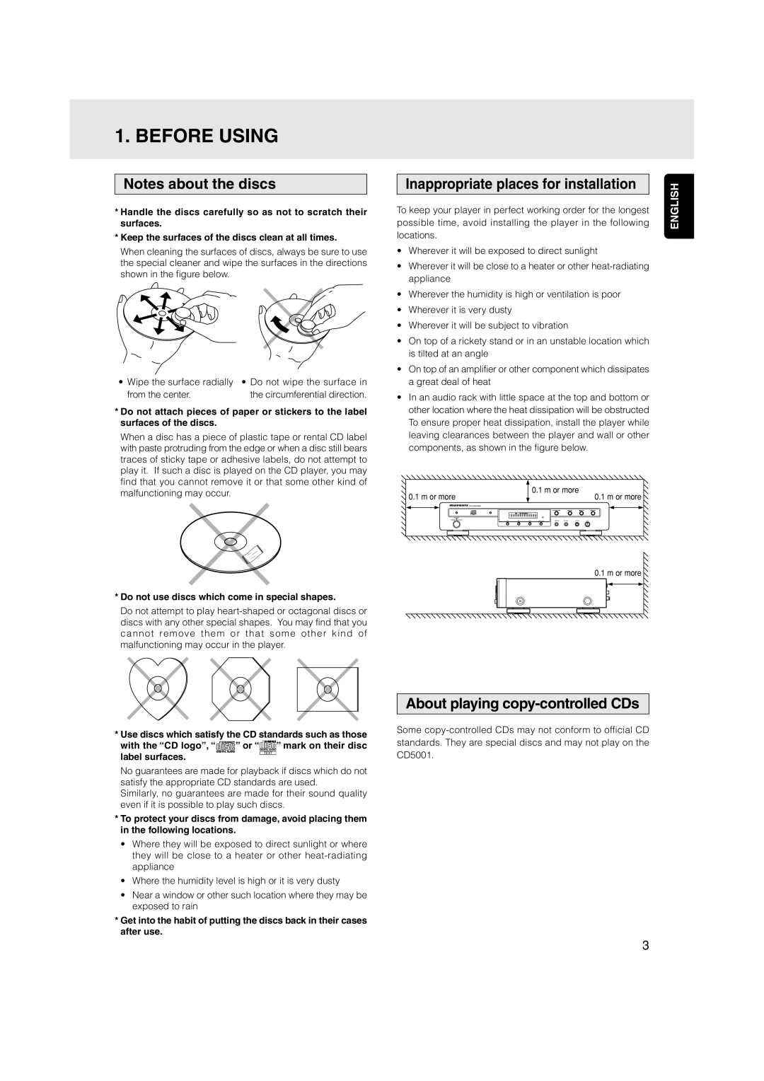 Marantz CD5001 Before Using, Inappropriate places for installation, About playing copy-controlled CDs, Label surfaces 