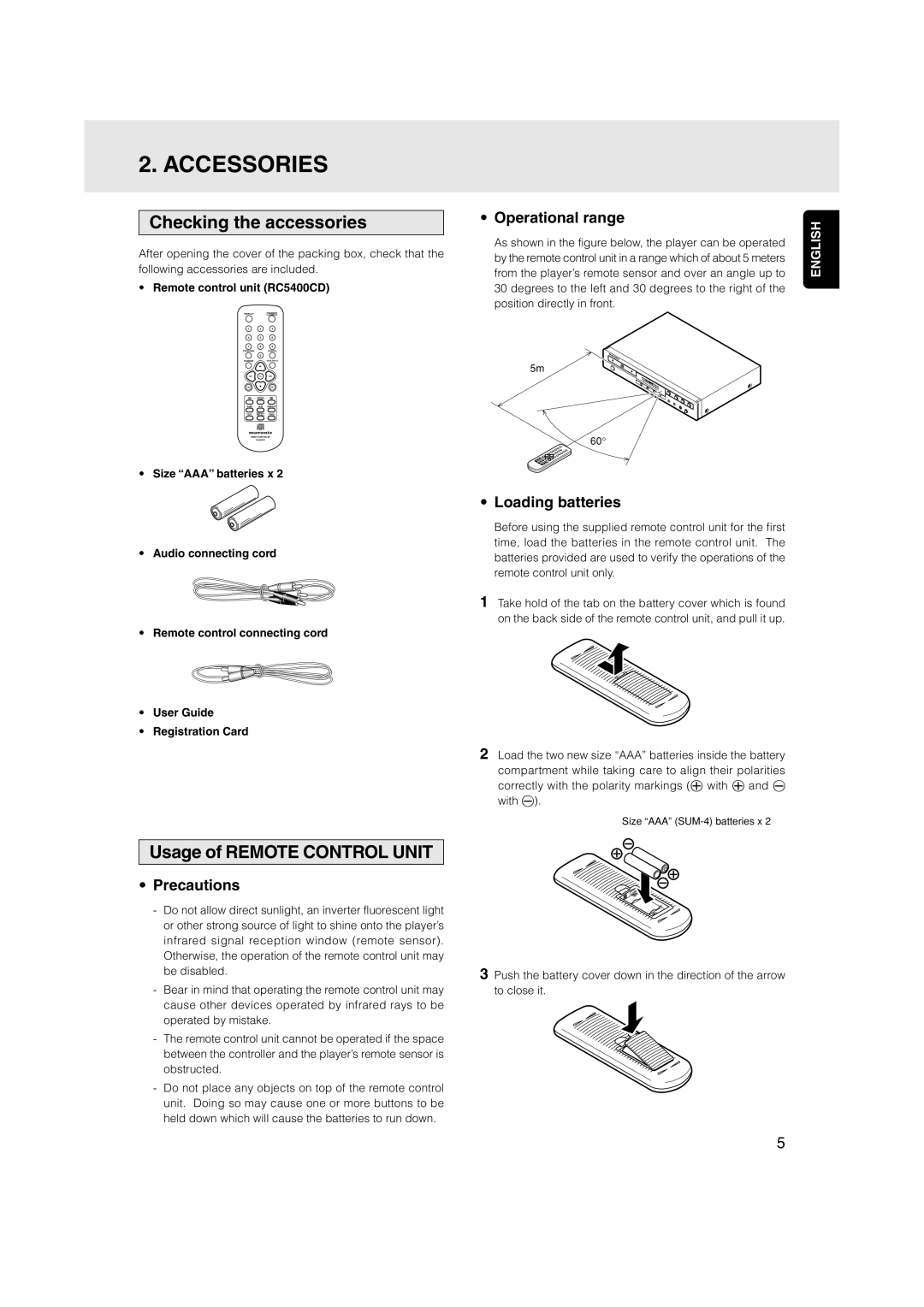 Marantz CD5001OSE manual Accessories, Checking the accessories, Usage of Remote Control Unit 