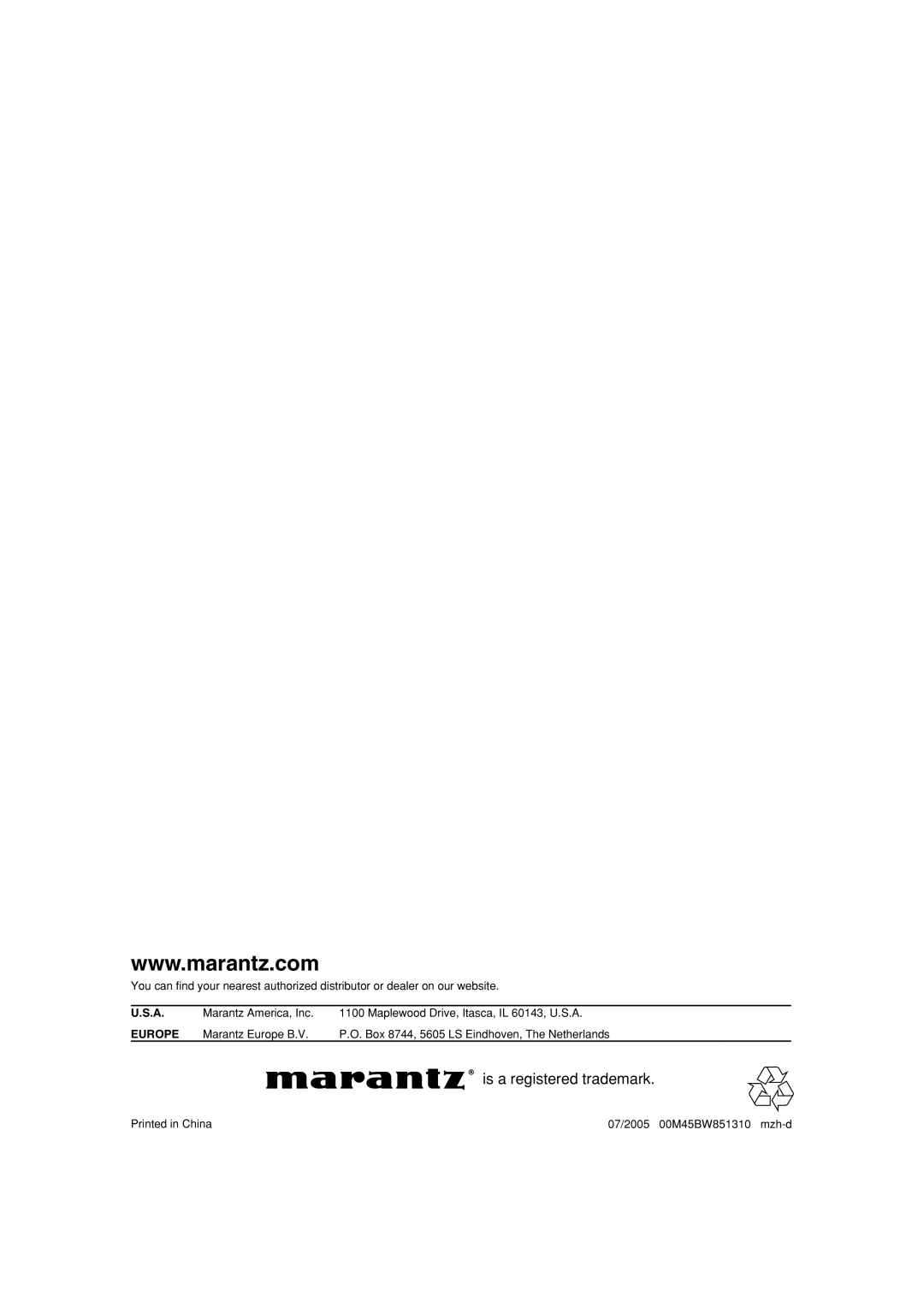 Marantz CD5001OSE manual is a registered trademark, U.S.A, Europe 