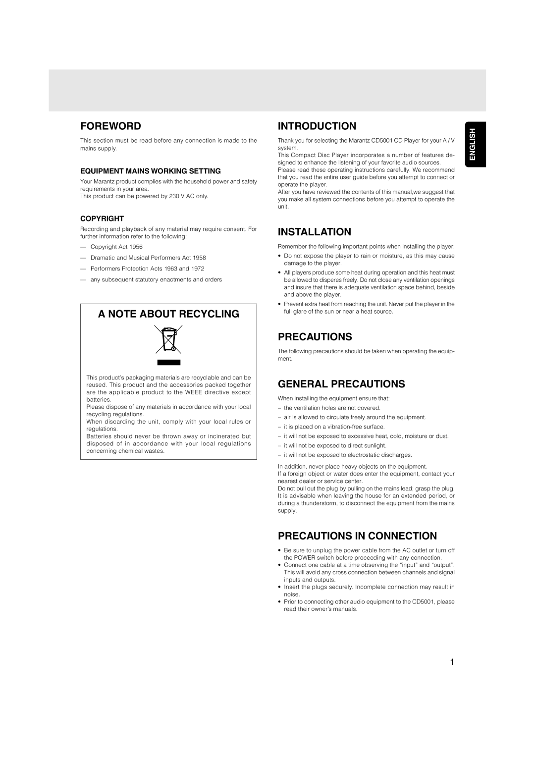 Marantz CD5001OSE manual Foreword, A Note About Recycling, Introduction, Installation, General Precautions, English 