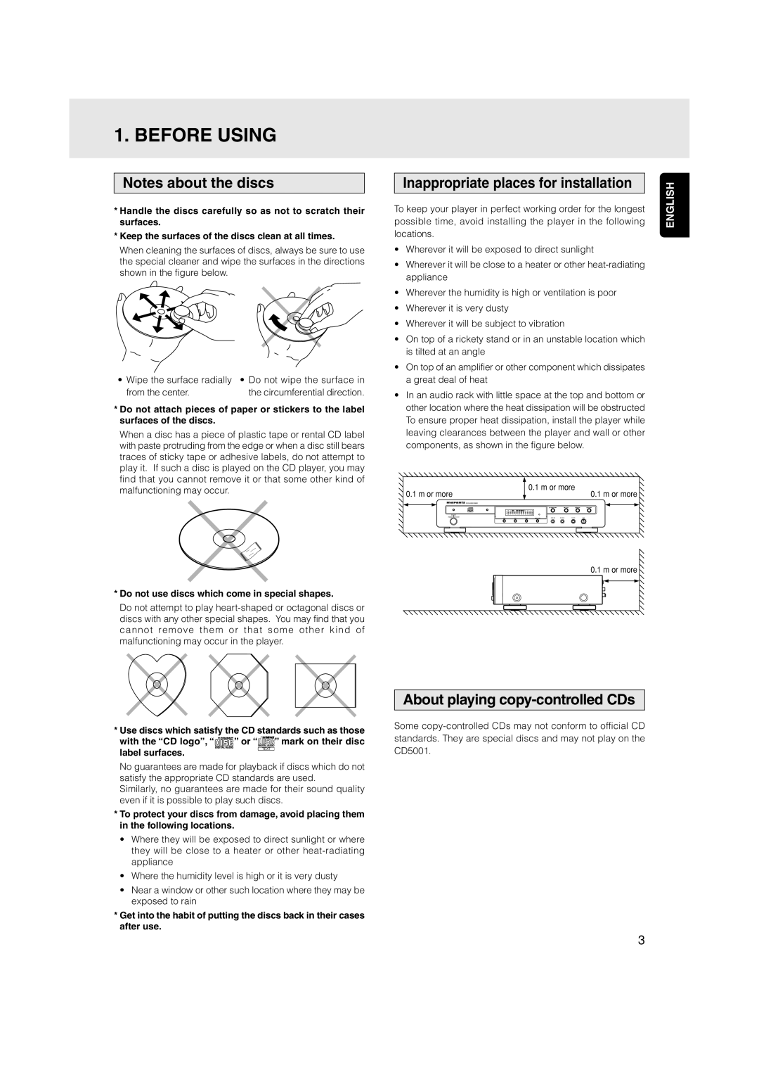 Marantz CD5001 manual Before Using, Notes about the discs, Inappropriate places for installation, English, label surfaces 