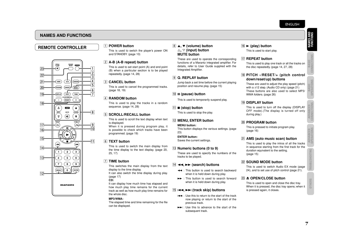 Marantz CD5003 manual Names and Functions Remote Controller 