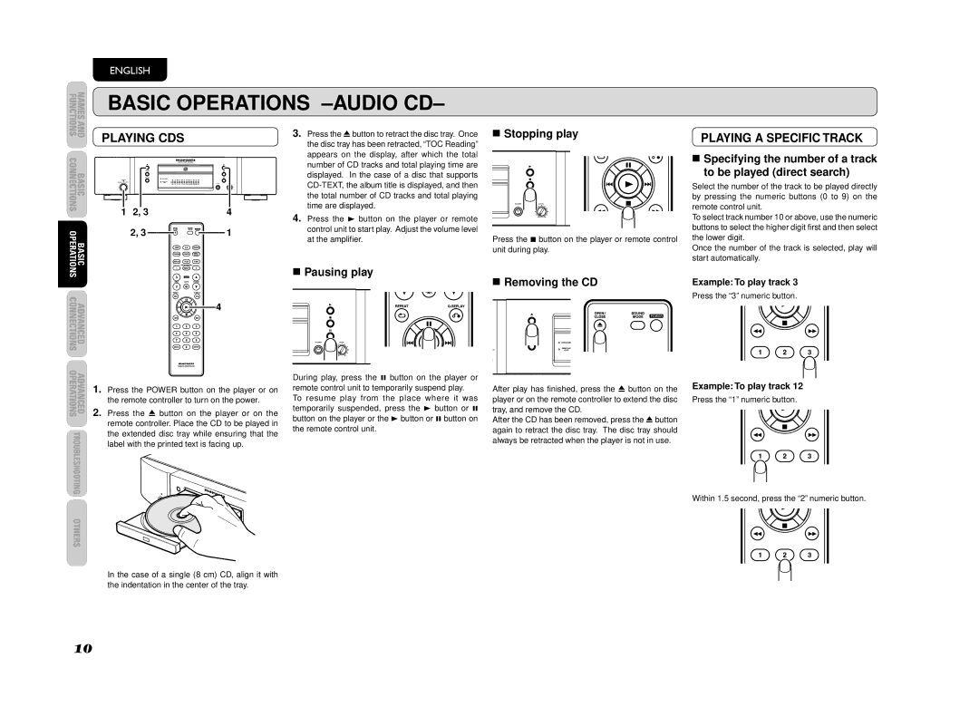 Marantz CD5003 manual Playing a Specific Track, Pausing play, Stopping play, Removing the CD 