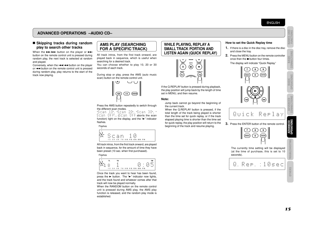 Marantz CD5003 Advanced Operations -AUDIO CD, AMS Play Searching for a Specific Track, How to set the Quick Replay time 