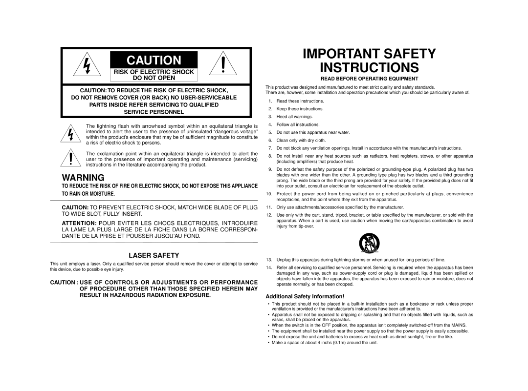 Marantz CD5003 manual Laser Safety, Additional Safety Information 