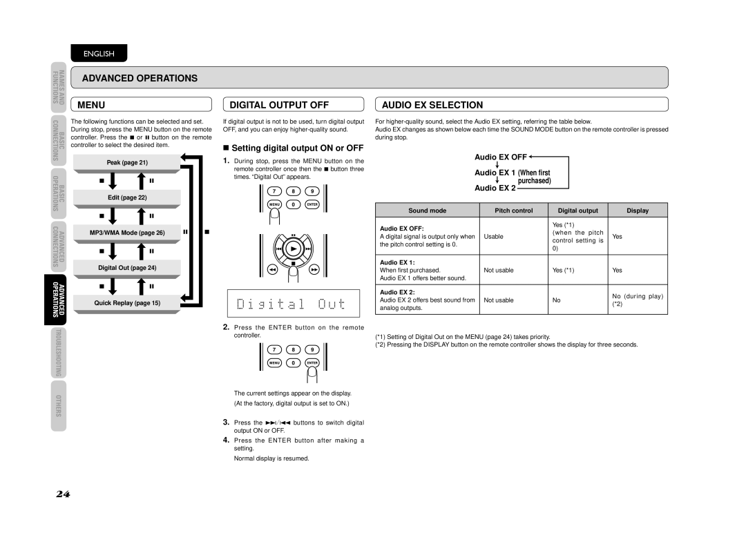 Marantz CD5003 manual Digital Output OFF, Setting digital output on or OFF, Audio EX OFF, Audio EX 1 When first purchased 