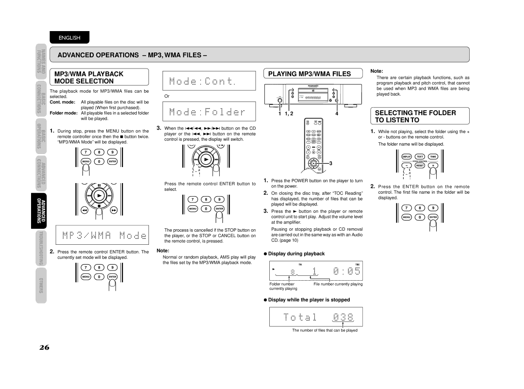 Marantz CD5003 manual Advanced Operations MP3, WMA Files, MP3/WMA Playback, Mode Selection, Playing MP3/WMA Files 