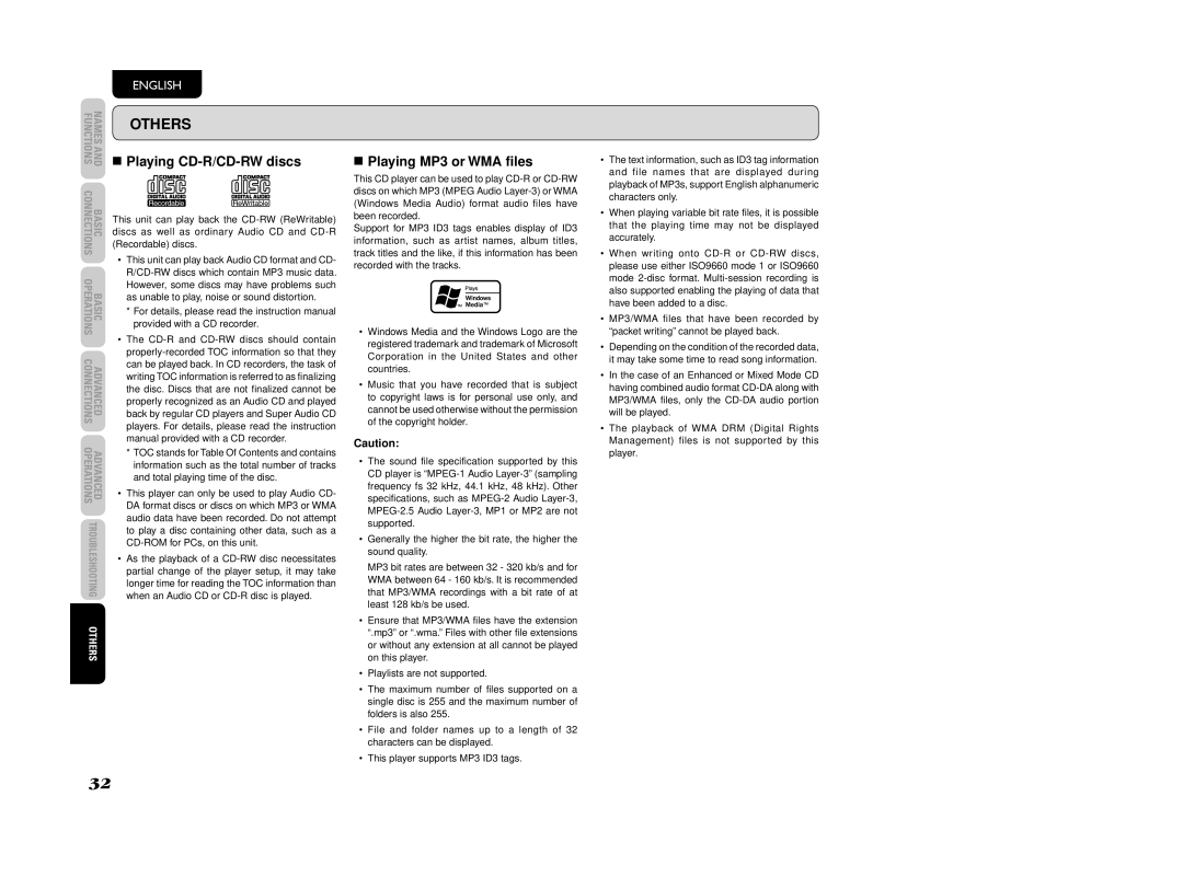 Marantz CD5003 manual Others, Playing CD-R/CD-RW discs, Playing MP3 or WMA ﬁles 