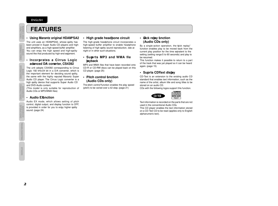 Marantz CD5003 manual Features 