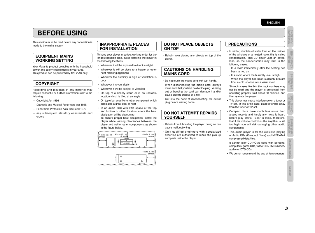 Marantz CD5003 manual Before Using 