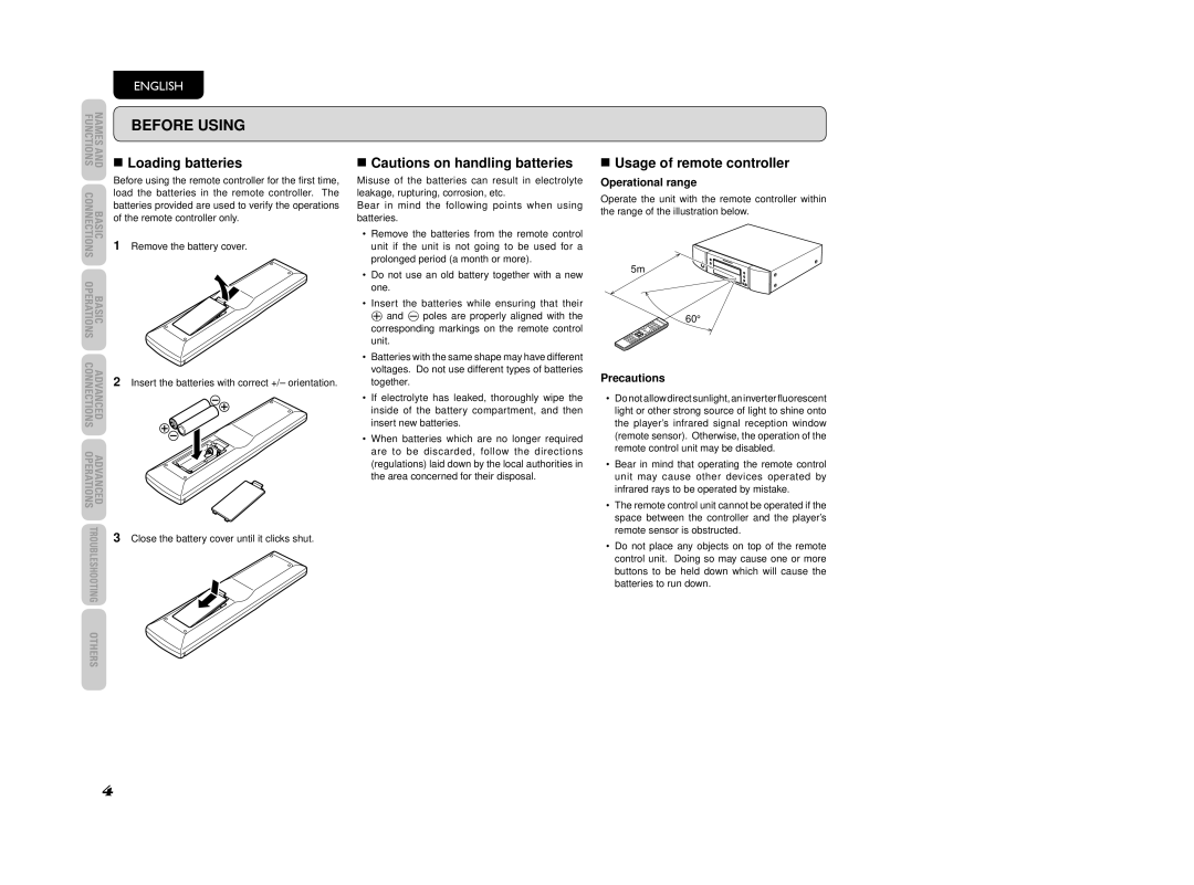 Marantz CD5003 manual Before Using, Loading batteries, Usage of remote controller, Operational range, Precautions 