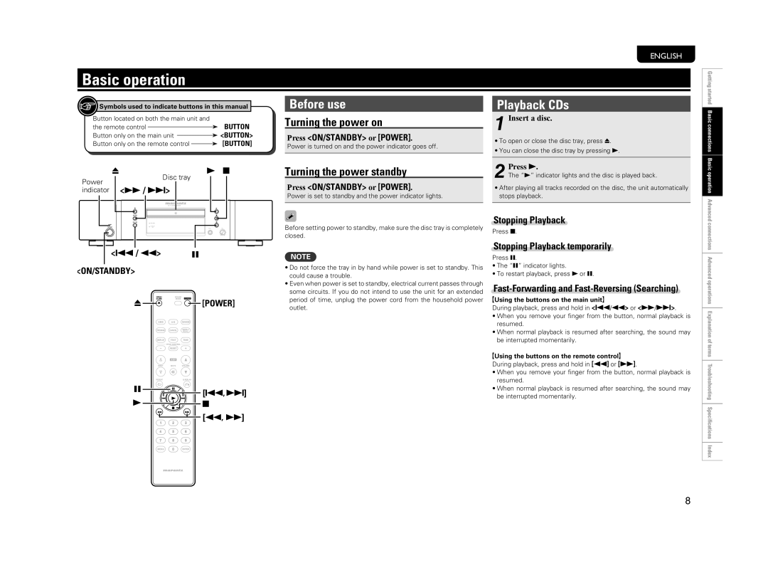 Marantz CD5004 manual Basic operation, Before use, Playback CDs, Turning the power on, Turning the power standby 