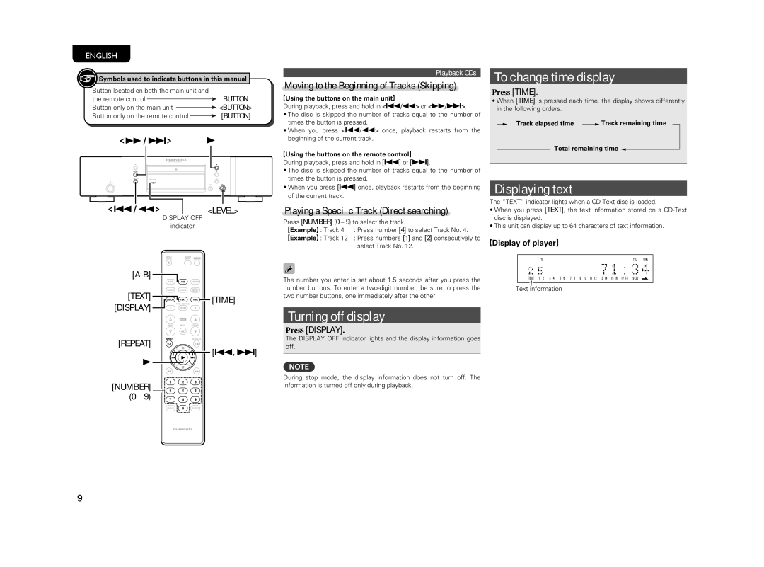 Marantz CD5004 To change time display, Displaying text, Turning off display, Playing a Speciﬁc Track Direct searching 