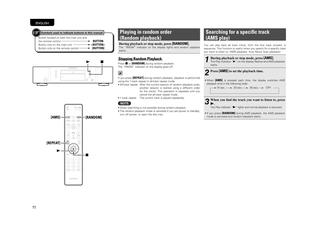 Marantz CD5004 manual Searching for a speciﬁc track AMS play, Stopping Random Playback 