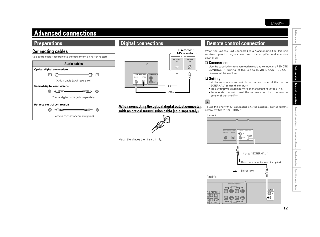 Marantz CD5004 manual Advanced connections, Digital connections, Remote control connection, Connection, Setting 