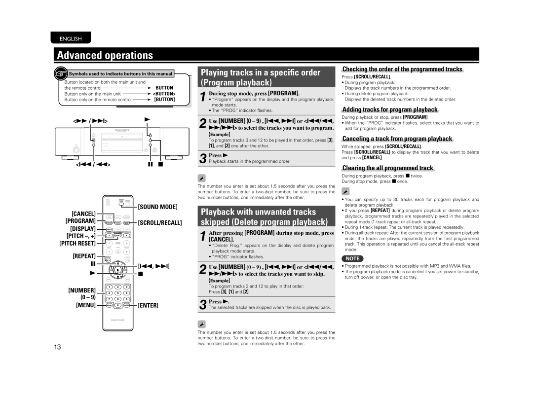 Marantz CD5004 manual Advanced operations, Playing tracks in a speciﬁc order Program playback 