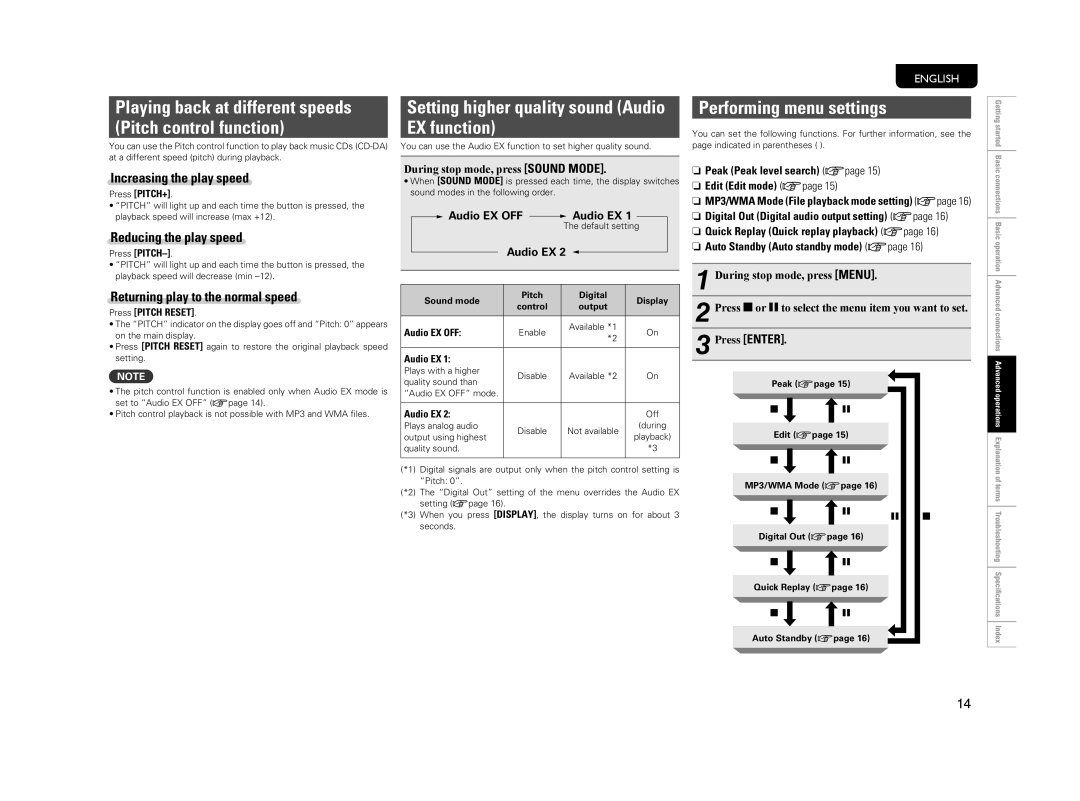 Marantz CD5004 manual Setting higher quality sound Audio EX function, Performing menu settings, Increasing the play speed 