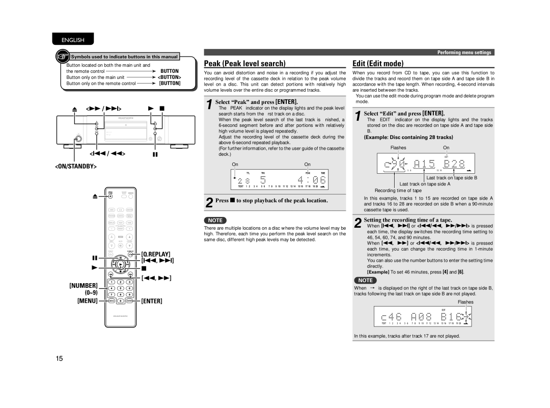 Marantz CD5004 manual Peak Peak level search Edit Edit mode, ON/STANDBY Replay Number 