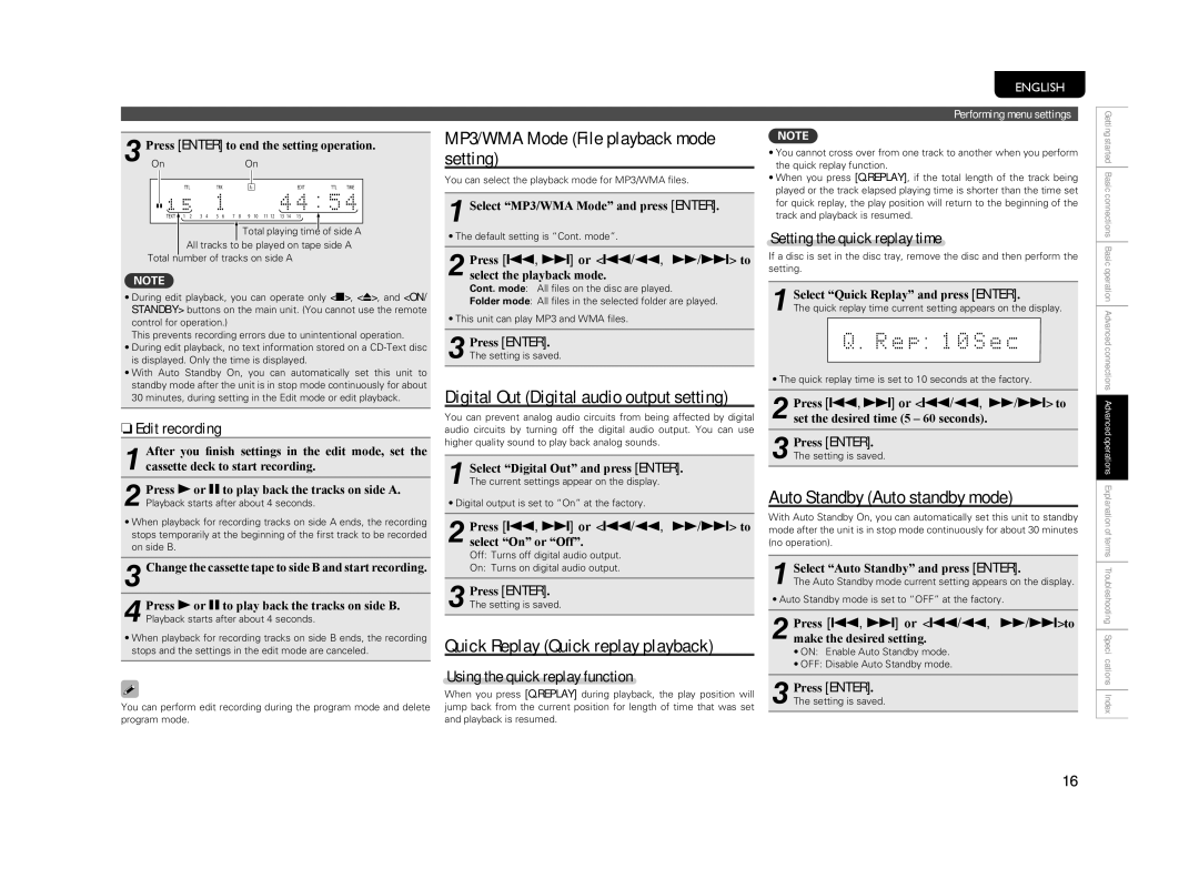 Marantz CD5004 manual MP3/WMA Mode File playback mode setting, Auto Standby Auto standby mode, NEdit recording 