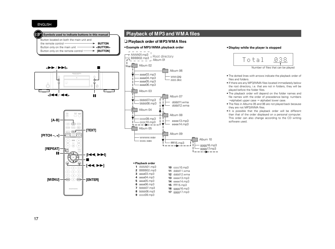 Marantz CD5004 manual NPlayback order of MP3/WMA ﬁles, Menu Enter, Example of MP3/WMA playback order, Pitch -, + 