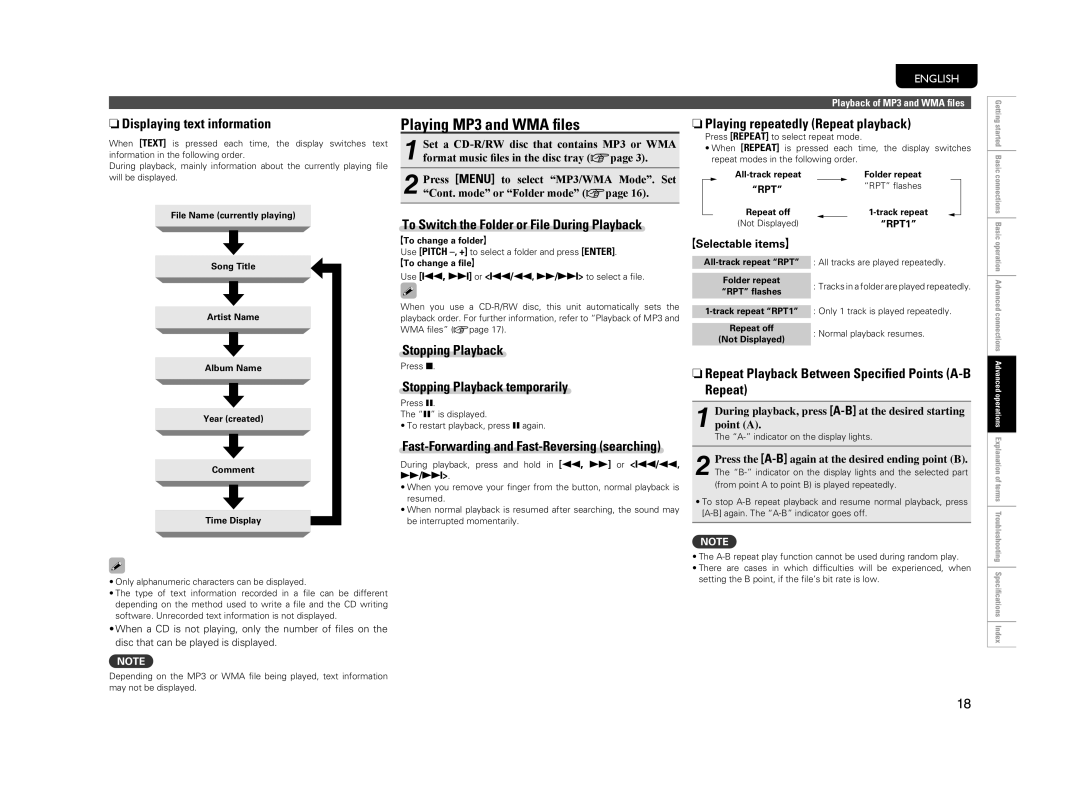 Marantz CD5004 manual Playing MP3 and WMA ﬁles, NDisplaying text information, To Switch the Folder or File During Playback 