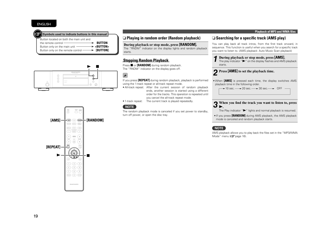 Marantz CD5004 manual NPlaying in random order Random playback, NSearching for a speciﬁc track AMS play 