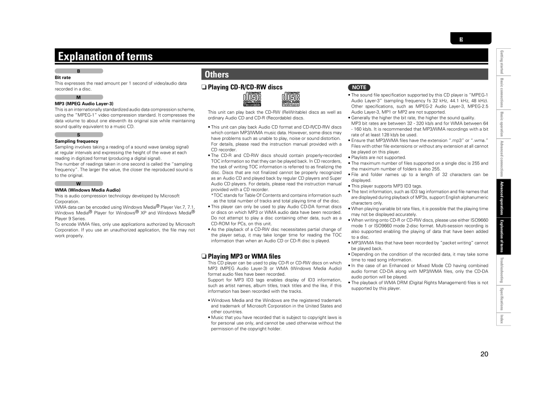 Marantz CD5004 manual Explanation of terms, Others, NPlaying CD-R/CD-RW discs, NPlaying MP3 or WMA ﬁles 