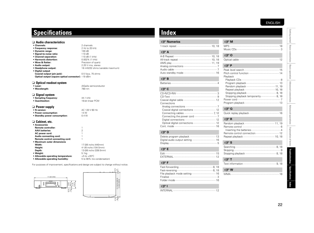 Marantz CD5004 manual Speciﬁcations, Index 