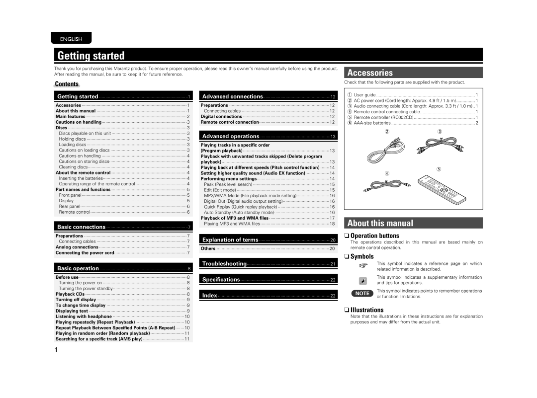 Marantz CD5004 Getting started, About this manual 