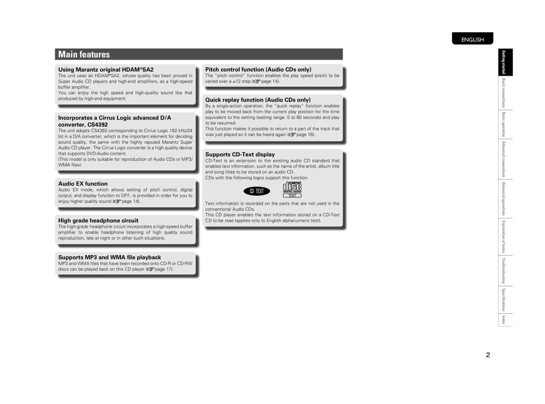 Marantz CD5004 manual Main features 